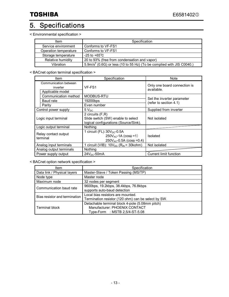 Specifications | Toshiba BCN002Z User Manual | Page 14 / 16