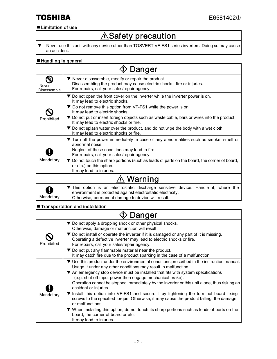 Safety precaution, Danger, Warning | Toshiba BCN002Z User Manual | Page 3 / 16