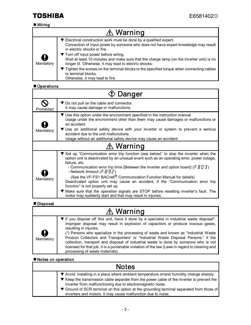 Warning, Danger | Toshiba BCN002Z User Manual | Page 4 / 16
