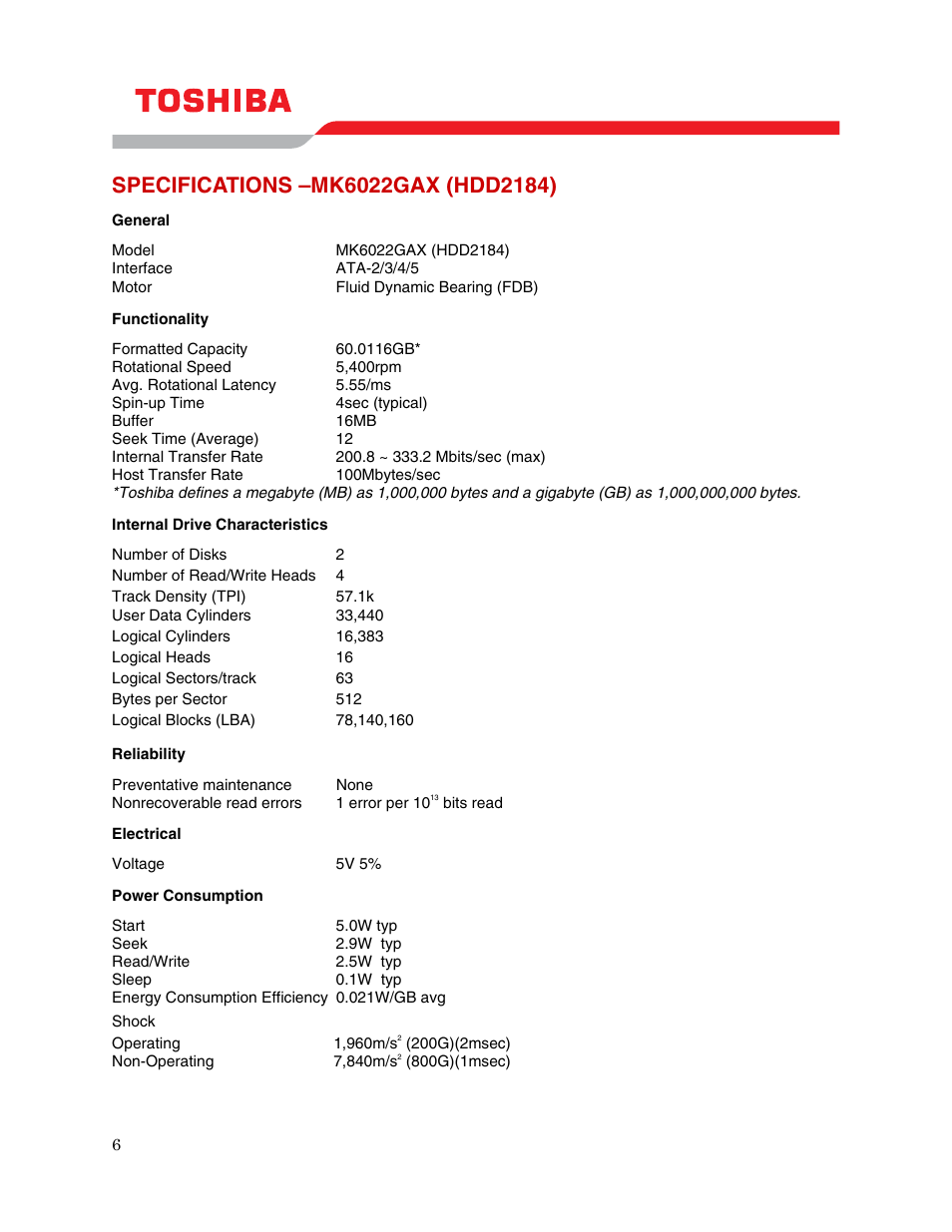 Specifications –mk6022gax (hdd2184) | Toshiba DRIVE HDD2184 User Manual | Page 8 / 11