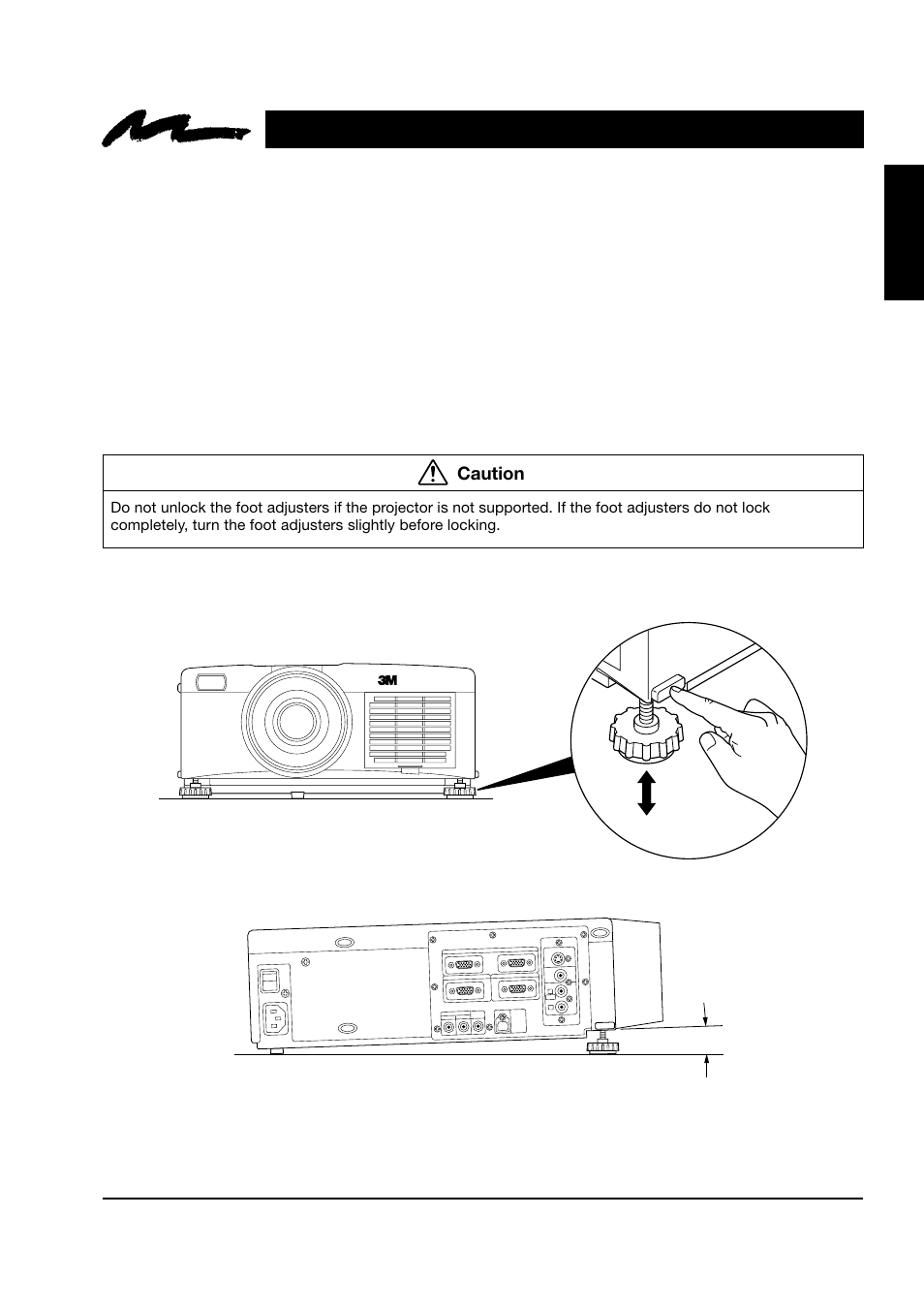 1 how to use height adjustment feet, English, Caution | Figure 4.1 height adjustment, Front view side view 0-9, Mp8745 | Toshiba MP8745 User Manual | Page 14 / 39