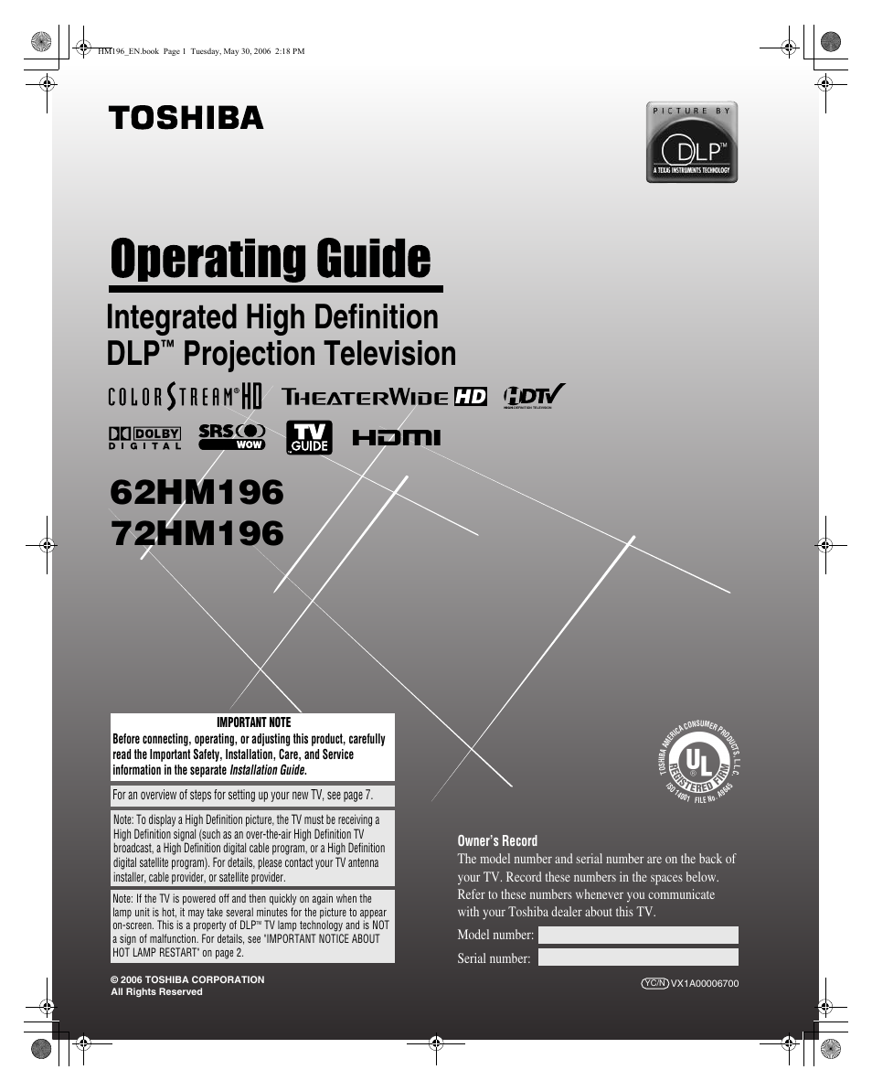 Toshiba Integrated High Definition DLP Projection Televison 62HM196 User Manual | 92 pages