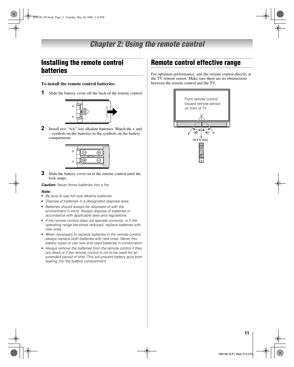 Chapter 2: using the remote control, Installing the remote control batteries, Remote control effective range | Toshiba Integrated High Definition DLP Projection Televison 62HM196 User Manual | Page 11 / 92