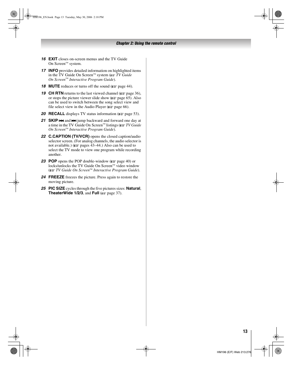 Toshiba Integrated High Definition DLP Projection Televison 62HM196 User Manual | Page 13 / 92