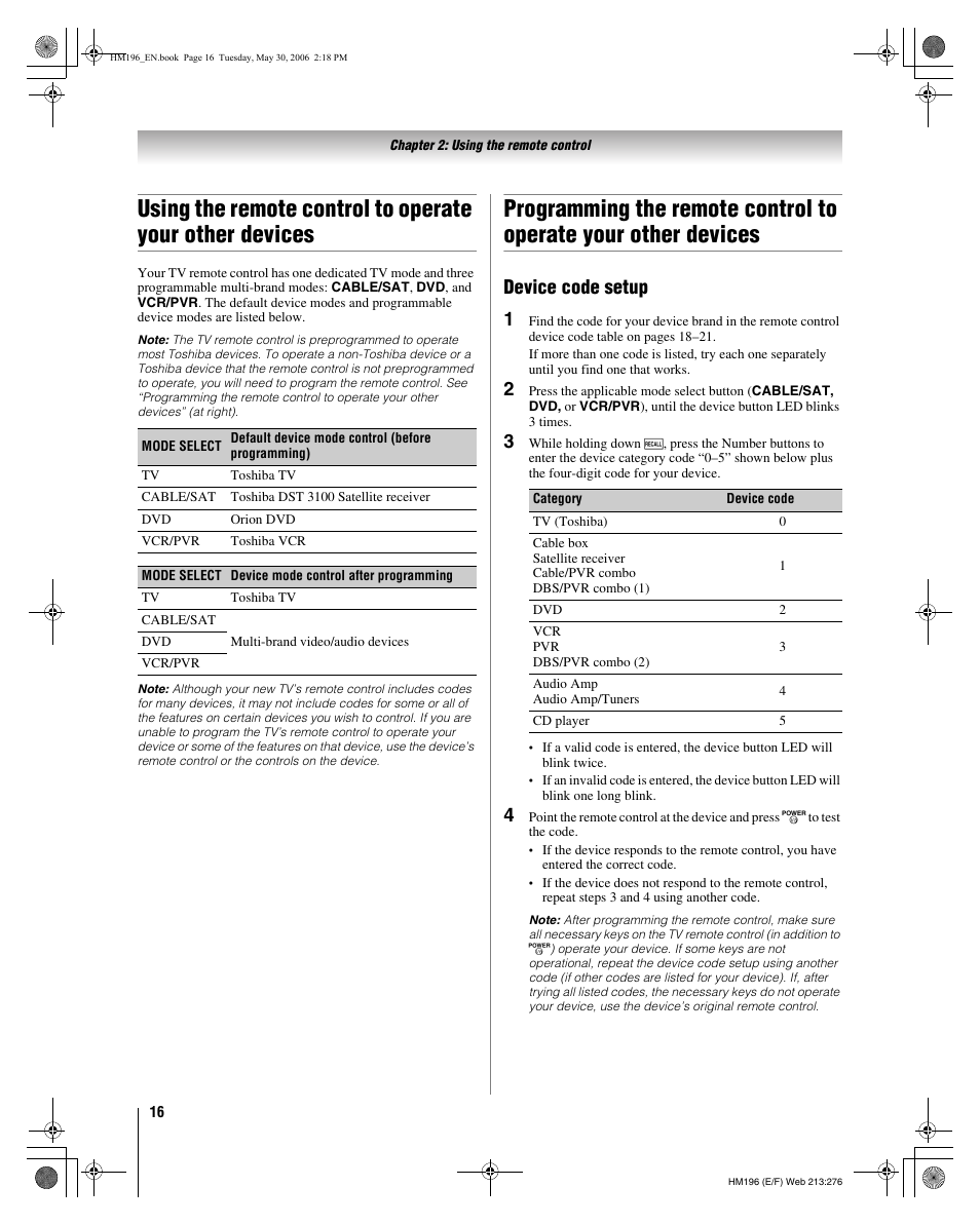 Device code setup 1 | Toshiba Integrated High Definition DLP Projection Televison 62HM196 User Manual | Page 16 / 92