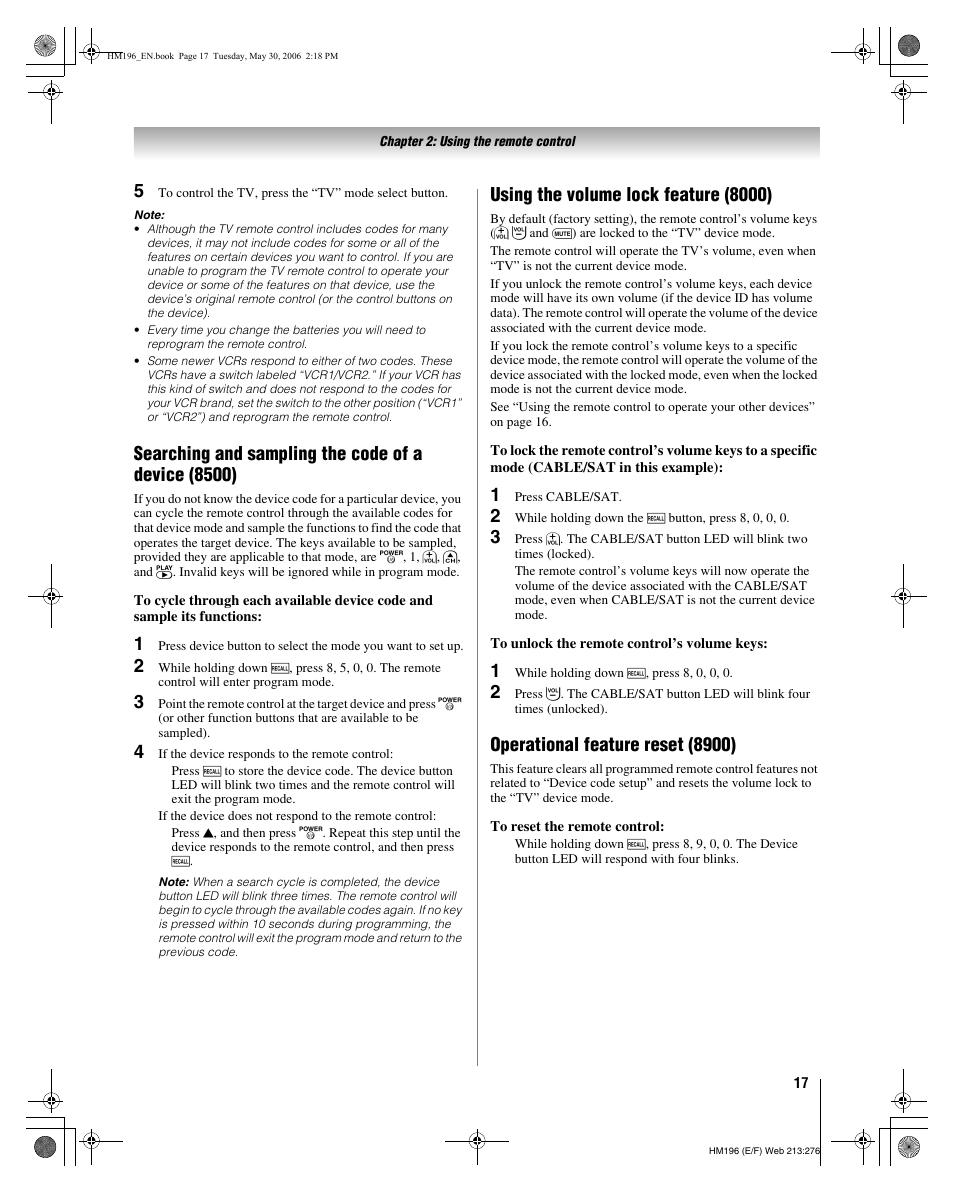 Searching and sampling the code of a device (8500), Using the volume lock feature (8000), Operational feature reset (8900) | Toshiba Integrated High Definition DLP Projection Televison 62HM196 User Manual | Page 17 / 92