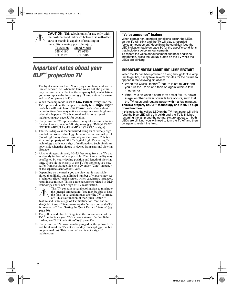 Projection tv | Toshiba Integrated High Definition DLP Projection Televison 62HM196 User Manual | Page 2 / 92