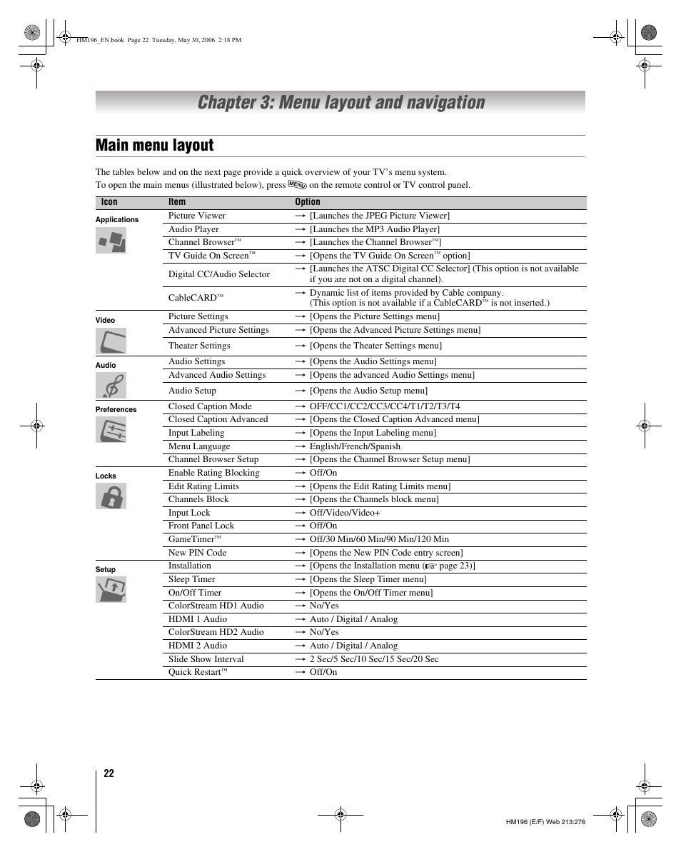 Chapter 3: menu layout and navigation, Main menu layout | Toshiba Integrated High Definition DLP Projection Televison 62HM196 User Manual | Page 22 / 92