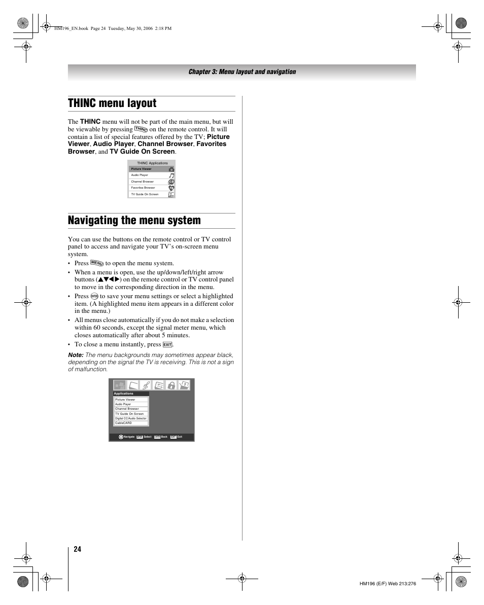 Thinc menu layout, Navigating the menu system, Chapter 3: menu layout and navigation | Press y to open the menu system | Toshiba Integrated High Definition DLP Projection Televison 62HM196 User Manual | Page 24 / 92