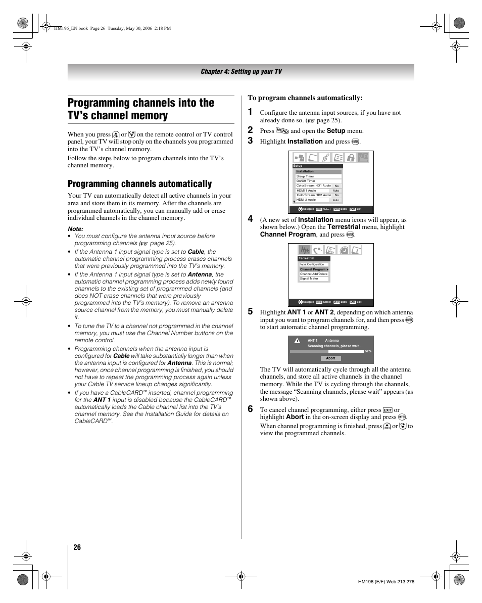 Programming channels automatically, Chapter 4: setting up your tv, Page 25) | Press y and open the setup menu, Highlight installation and press t | Toshiba Integrated High Definition DLP Projection Televison 62HM196 User Manual | Page 26 / 92