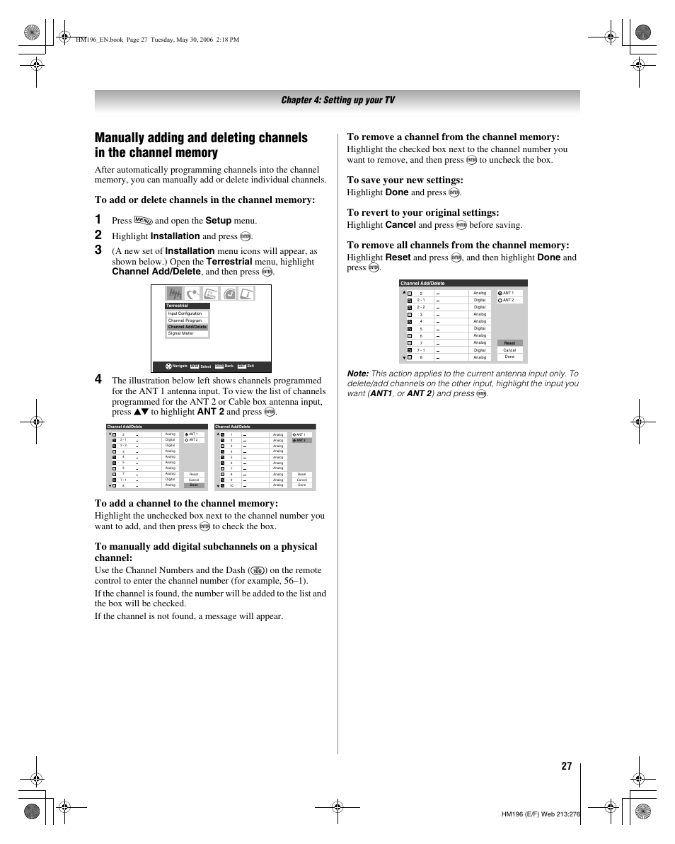 Chapter 4: setting up your tv, Press y and open the setup menu, Highlight installation and press t | Highlight done and press t, Highlight cancel and press t before saving | Toshiba Integrated High Definition DLP Projection Televison 62HM196 User Manual | Page 27 / 92