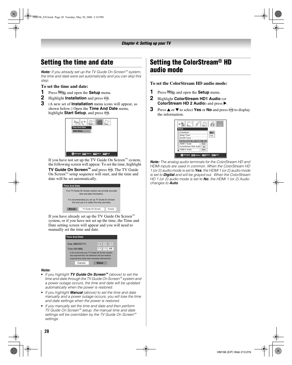 Setting the time and date, Setting the colorstream, Hd audio mode | Toshiba Integrated High Definition DLP Projection Televison 62HM196 User Manual | Page 28 / 92