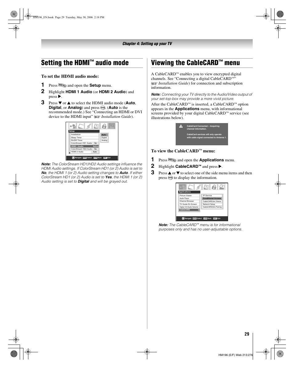 Setting the hdmi, Audio mode, Viewing the cablecard | Menu, Chapter 4: setting up your tv, Press y and open the setup menu, A cablecard, After the cablecard, Is inserted, a cablecard, Service (see illustrations below) | Toshiba Integrated High Definition DLP Projection Televison 62HM196 User Manual | Page 29 / 92