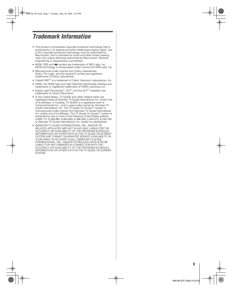 Trademark information | Toshiba Integrated High Definition DLP Projection Televison 62HM196 User Manual | Page 3 / 92