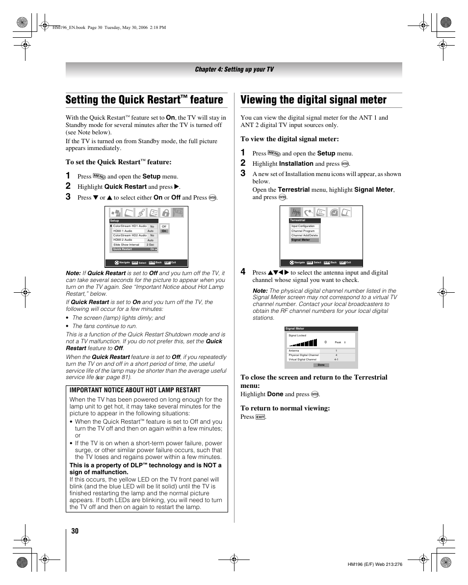 Setting the quick restart, Feature, Viewing the digital signal meter | Toshiba Integrated High Definition DLP Projection Televison 62HM196 User Manual | Page 30 / 92