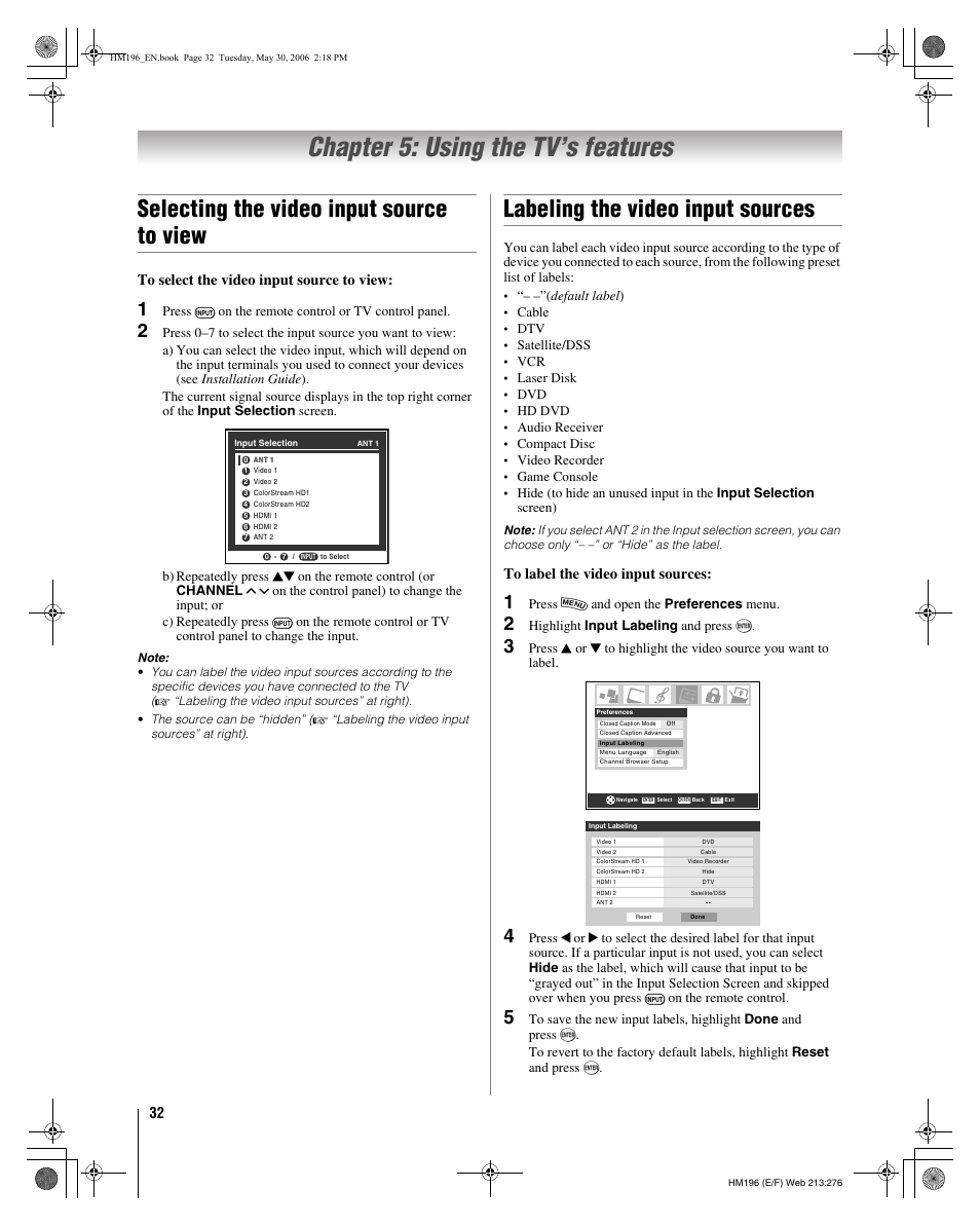 Chapter 5: using the tv’s features, Selecting the video input source to view, Labeling the video input sources | Toshiba Integrated High Definition DLP Projection Televison 62HM196 User Manual | Page 32 / 92