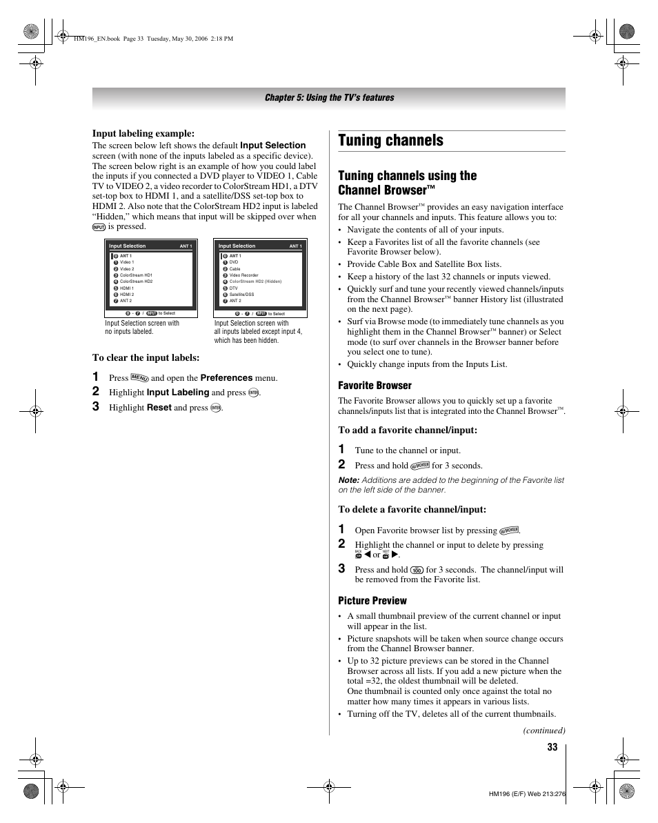 Tuning channels, Tuning channels using the channel browser, Favorite browser | Picture preview, Input labeling example | Toshiba Integrated High Definition DLP Projection Televison 62HM196 User Manual | Page 33 / 92