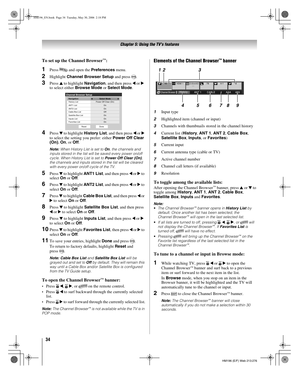 Elements of the channel browser, Banner | Toshiba Integrated High Definition DLP Projection Televison 62HM196 User Manual | Page 34 / 92