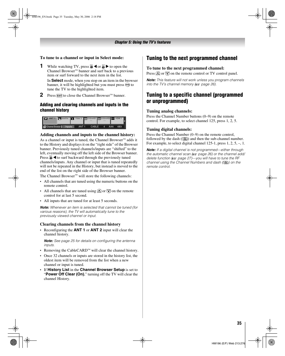 Tuning to the next programmed channel | Toshiba Integrated High Definition DLP Projection Televison 62HM196 User Manual | Page 35 / 92