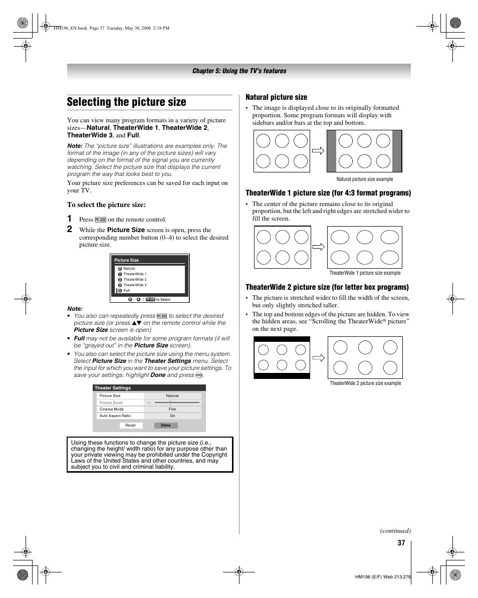 Selecting the picture size, Natural picture size | Toshiba Integrated High Definition DLP Projection Televison 62HM196 User Manual | Page 37 / 92