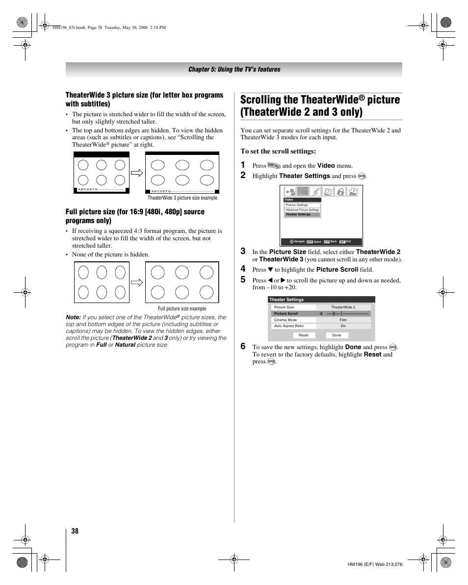 Scrolling the theaterwide, Picture (theaterwide 2 and 3 only) | Toshiba Integrated High Definition DLP Projection Televison 62HM196 User Manual | Page 38 / 92