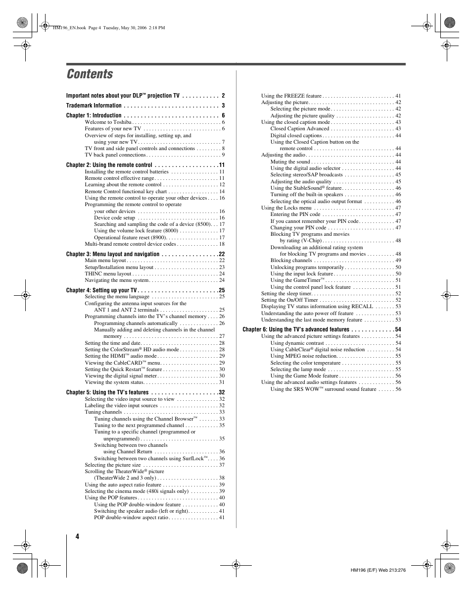 Toshiba Integrated High Definition DLP Projection Televison 62HM196 User Manual | Page 4 / 92