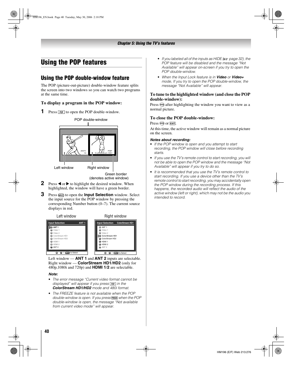 Using the pop features, Using the pop double-window feature, Chapter 5: using the tv’s features | Press p to open the pop double-window, Left window right window | Toshiba Integrated High Definition DLP Projection Televison 62HM196 User Manual | Page 40 / 92