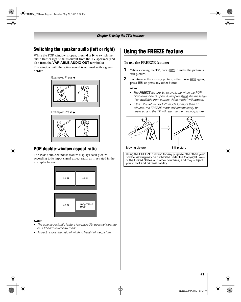 Using the freeze feature, Switching the speaker audio (left or right), Pop double-window aspect ratio | Toshiba Integrated High Definition DLP Projection Televison 62HM196 User Manual | Page 41 / 92