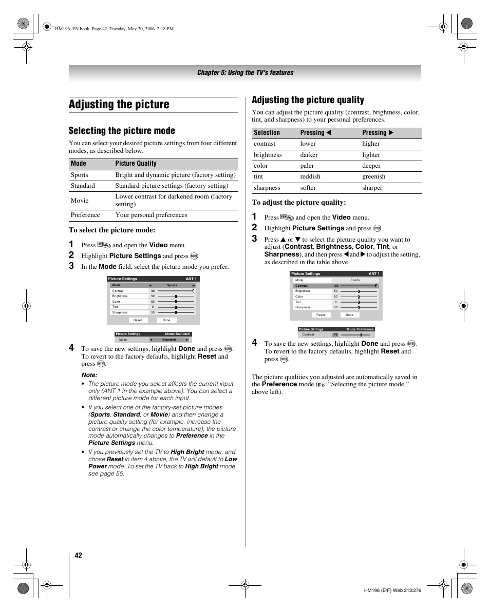 Adjusting the picture, Selecting the picture mode, Adjusting the picture quality | Toshiba Integrated High Definition DLP Projection Televison 62HM196 User Manual | Page 42 / 92