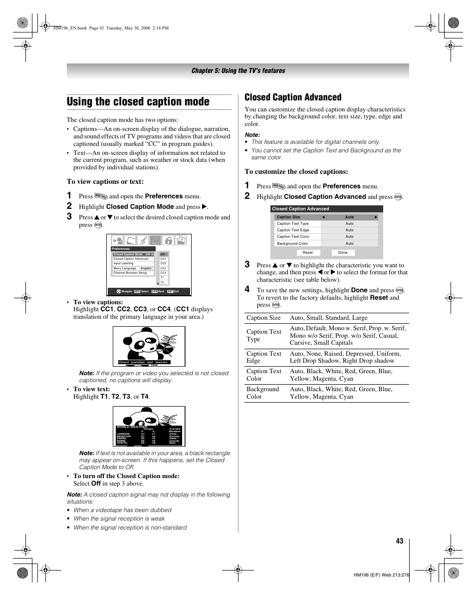 Using the closed caption mode, Closed caption advanced | Toshiba Integrated High Definition DLP Projection Televison 62HM196 User Manual | Page 43 / 92