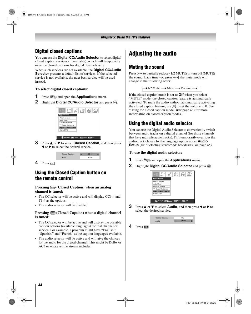 Adjusting the audio, Digital closed captions, Muting the sound | Using the digital audio selector | Toshiba Integrated High Definition DLP Projection Televison 62HM196 User Manual | Page 44 / 92