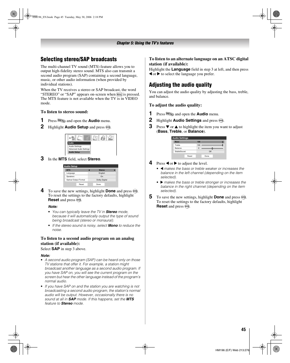 Selecting stereo/sap broadcasts, Adjusting the audio quality | Toshiba Integrated High Definition DLP Projection Televison 62HM196 User Manual | Page 45 / 92