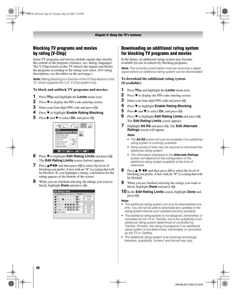 Blocking tv programs and movies by rating (v-chip) | Toshiba Integrated High Definition DLP Projection Televison 62HM196 User Manual | Page 48 / 92