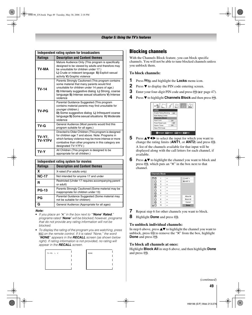 Blocking channels | Toshiba Integrated High Definition DLP Projection Televison 62HM196 User Manual | Page 49 / 92