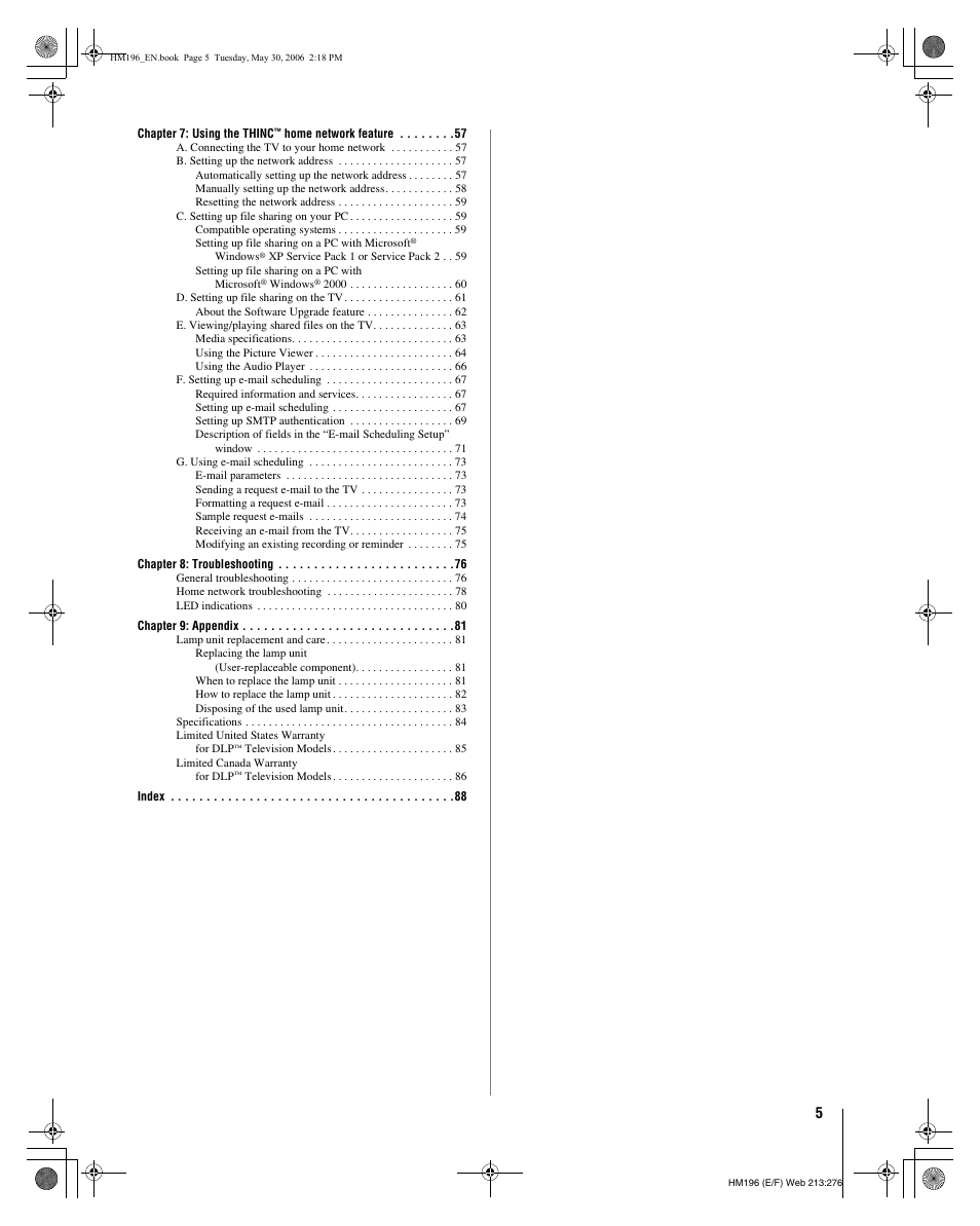 Toshiba Integrated High Definition DLP Projection Televison 62HM196 User Manual | Page 5 / 92