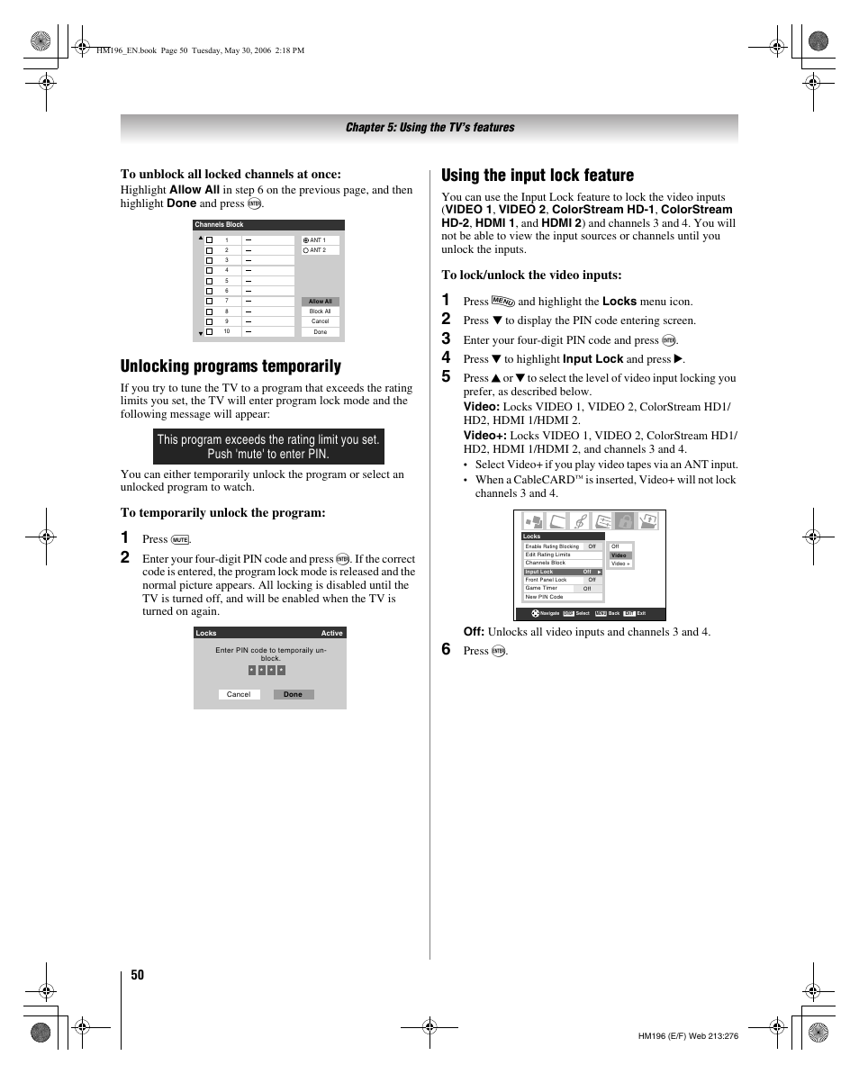 Unlocking programs temporarily, Using the input lock feature | Toshiba Integrated High Definition DLP Projection Televison 62HM196 User Manual | Page 50 / 92