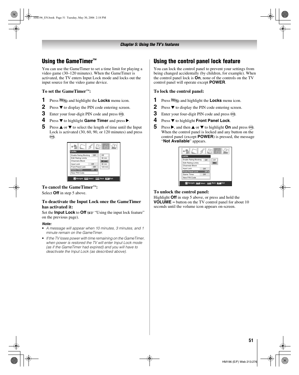 Using the gametimer, Using the control panel lock feature | Toshiba Integrated High Definition DLP Projection Televison 62HM196 User Manual | Page 51 / 92