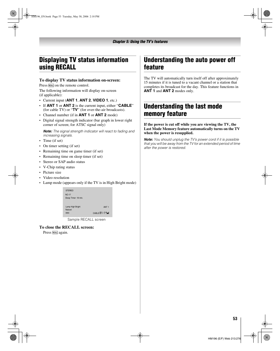 Displaying tv status information using recall, Understanding the auto power off feature | Toshiba Integrated High Definition DLP Projection Televison 62HM196 User Manual | Page 53 / 92