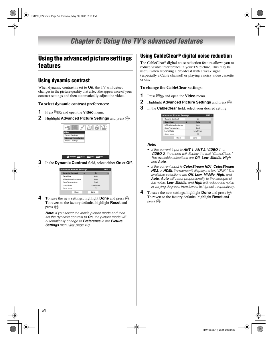 Chapter 6: using the tv’s advanced features, Using the advanced picture settings features, Using dynamic contrast | Using cableclear, Digital noise reduction | Toshiba Integrated High Definition DLP Projection Televison 62HM196 User Manual | Page 54 / 92