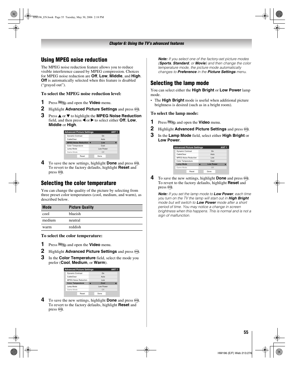 Using mpeg noise reduction, Selecting the color temperature, Selecting the lamp mode | Toshiba Integrated High Definition DLP Projection Televison 62HM196 User Manual | Page 55 / 92