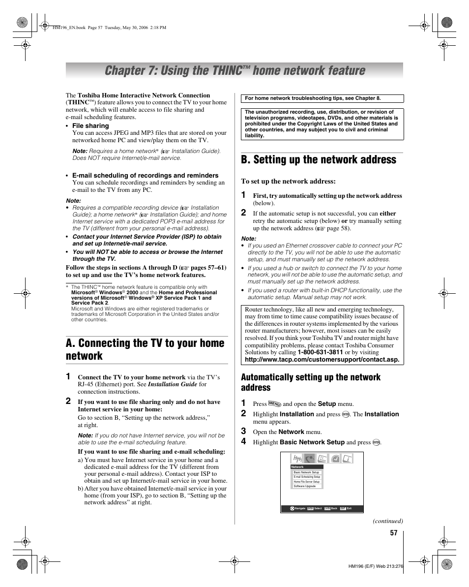 Chapter 7: using the thinc, Home network feature, A. connecting the tv to your home network | B. setting up the network address, Automatically setting up the network address 1 | Toshiba Integrated High Definition DLP Projection Televison 62HM196 User Manual | Page 57 / 92