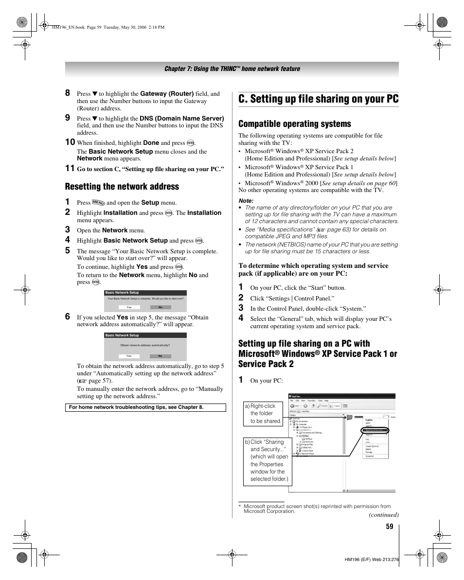 C. setting up file sharing on your pc, Resetting the network address 1, Compatible operating systems | Setting up file sharing on a pc with microsoft, Windows, Xp service pack 1 or service pack 2 1 | Toshiba Integrated High Definition DLP Projection Televison 62HM196 User Manual | Page 59 / 92