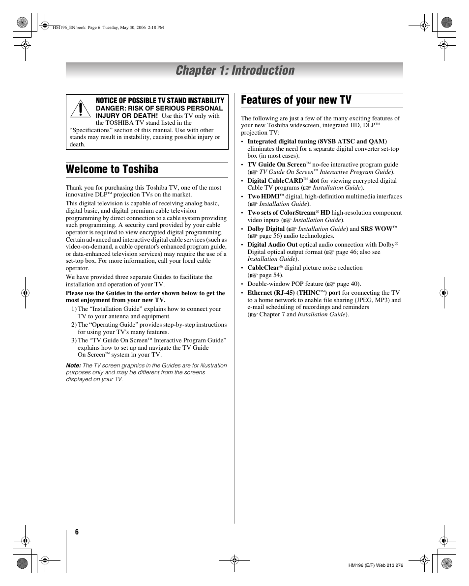 Chapter 1: introduction, Welcome to toshiba, Features of your new tv | Toshiba Integrated High Definition DLP Projection Televison 62HM196 User Manual | Page 6 / 92