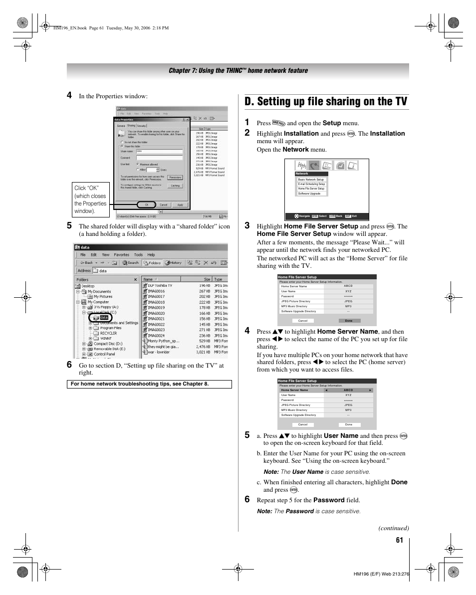 D. setting up file sharing on the tv, Chapter 7: using the thinc, Home network feature | Press y and open the setup menu, Repeat step 5 for the password field, Continued) | Toshiba Integrated High Definition DLP Projection Televison 62HM196 User Manual | Page 61 / 92