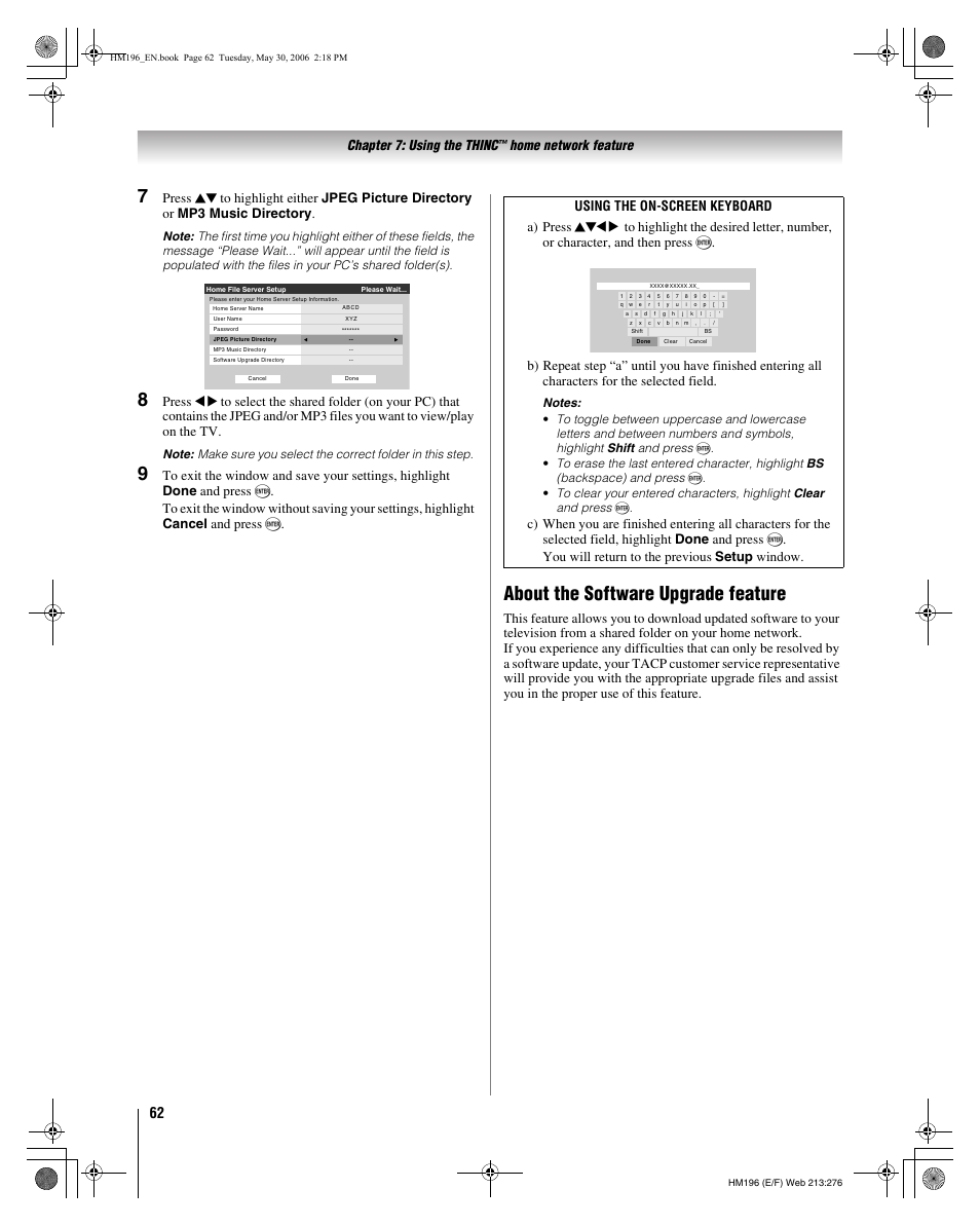 About the software upgrade feature, Chapter 7: using the thinc, Home network feature | Toshiba Integrated High Definition DLP Projection Televison 62HM196 User Manual | Page 62 / 92