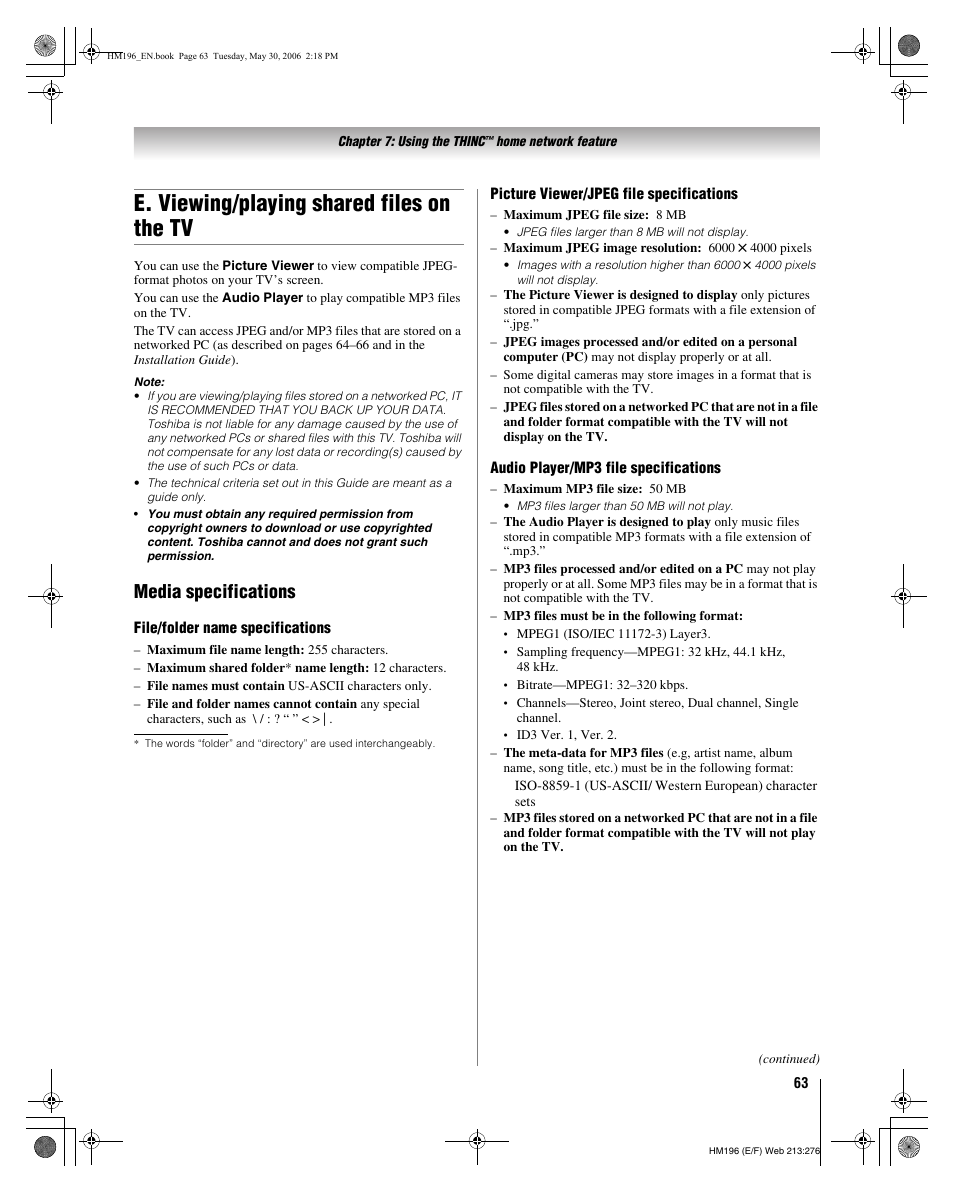 E. viewing/playing shared files on the tv, Media specifications | Toshiba Integrated High Definition DLP Projection Televison 62HM196 User Manual | Page 63 / 92