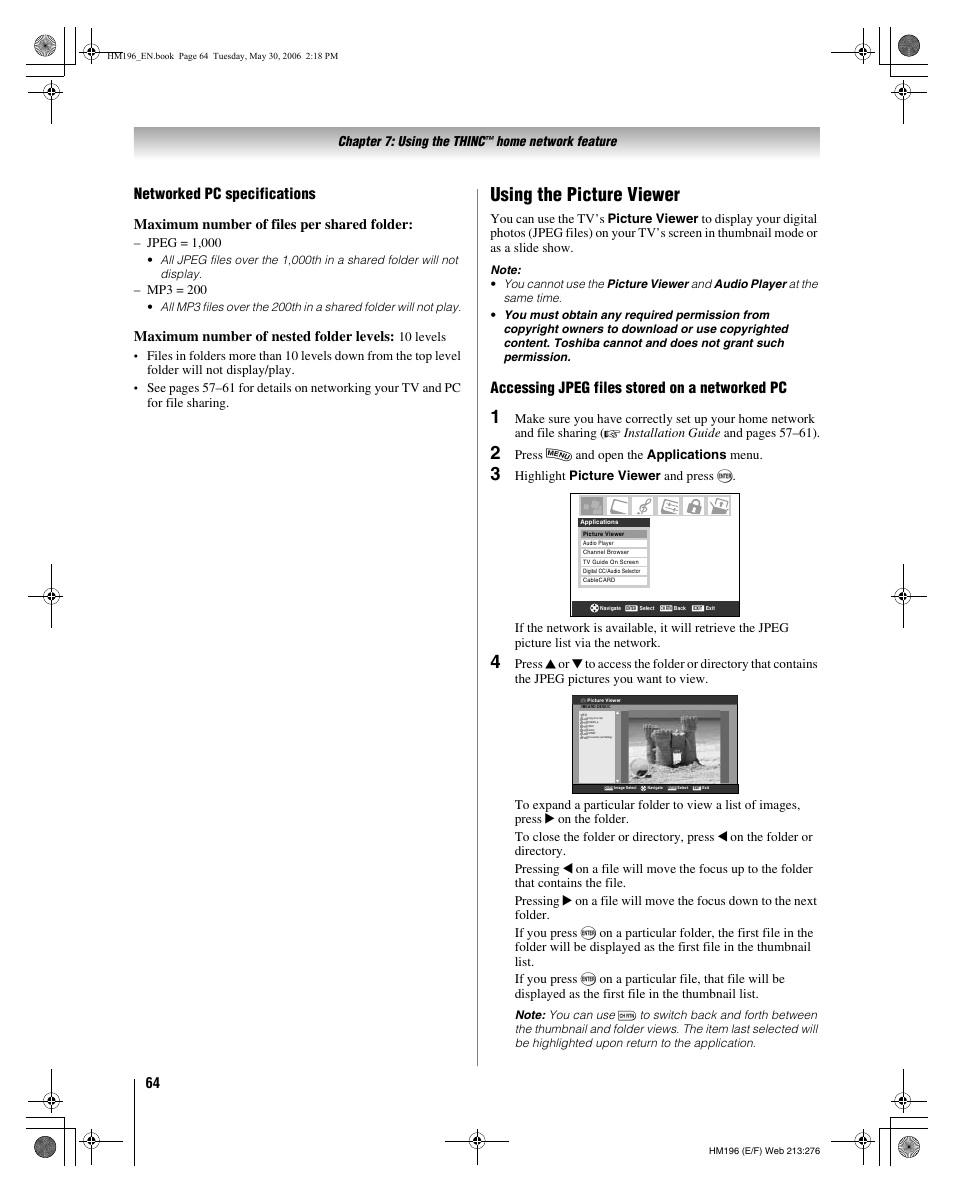 Using the picture viewer, Networked pc specifications, Accessing jpeg files stored on a networked pc | Maximum number of files per shared folder, Maximum number of nested folder levels, Chapter 7: using the thinc, Home network feature, Jpeg = 1,000, Mp3 = 200, 10 levels | Toshiba Integrated High Definition DLP Projection Televison 62HM196 User Manual | Page 64 / 92