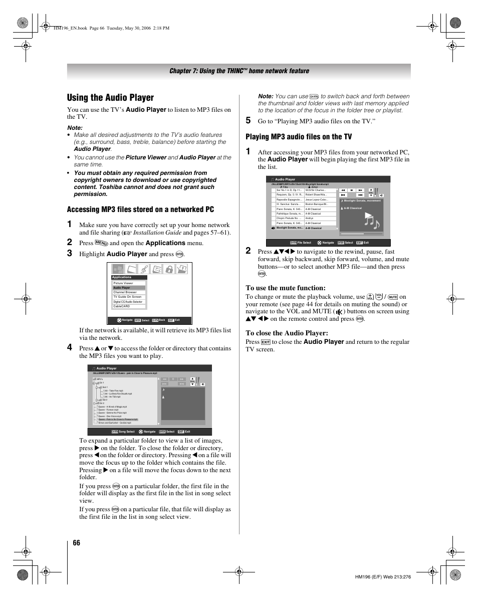 Using the audio player, Accessing mp3 files stored on a networked pc, Playing mp3 audio files on the tv | Chapter 7: using the thinc, Home network feature, Press y and open the applications menu, Go to “playing mp3 audio files on the tv | Toshiba Integrated High Definition DLP Projection Televison 62HM196 User Manual | Page 66 / 92