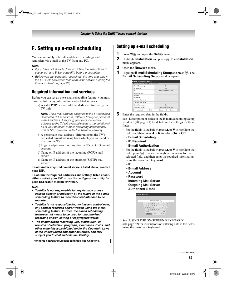 F. setting up e-mail scheduling, Required information and services, Setting up e-mail scheduling 1 | Chapter 7: using the thinc, Home network feature, Press y and open the setup menu, Open the network menu, Continued) | Toshiba Integrated High Definition DLP Projection Televison 62HM196 User Manual | Page 67 / 92