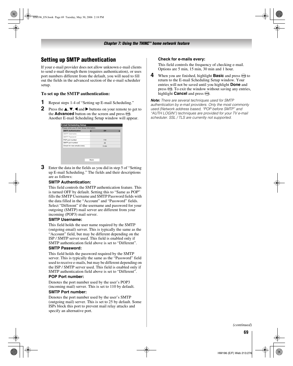 Setting up smtp authentication | Toshiba Integrated High Definition DLP Projection Televison 62HM196 User Manual | Page 69 / 92